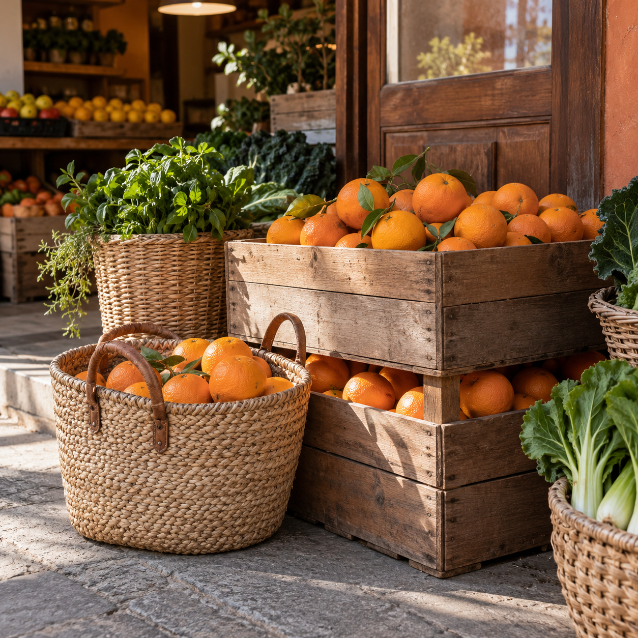 Illustrative scene of specialty produce market: woven baskets, wooden citrus crates, baskets of fresh greens