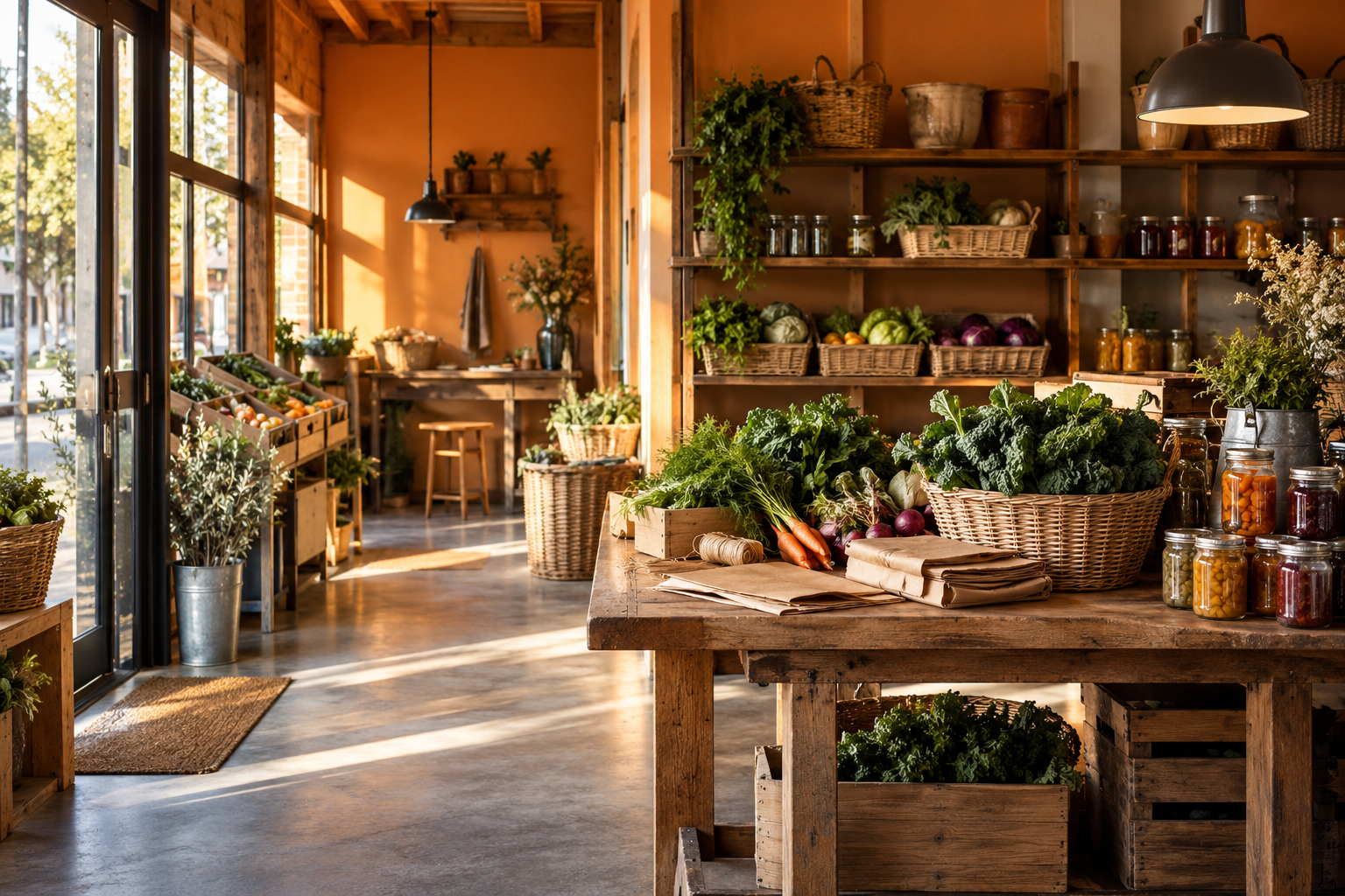 Illustrative scene of specialty produce market: baskets of fresh greens, glass preserves, unmarked paper bags