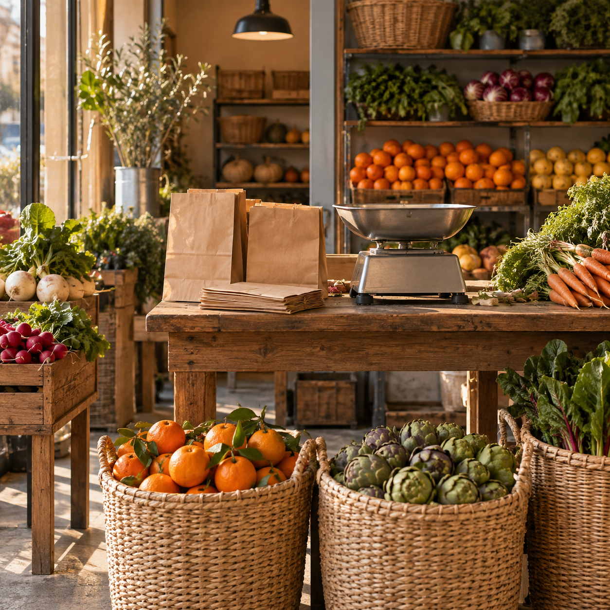 Illustrative scene of specialty produce market: unmarked paper bags, a produce scale with no legible display, woven baskets